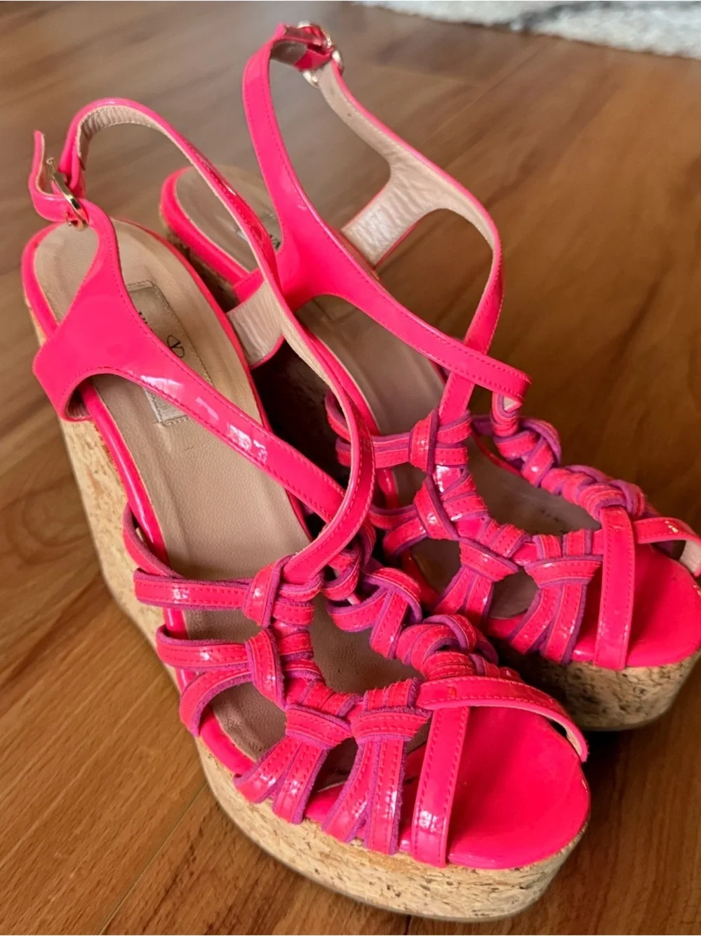 Valentino Garavani Hot Pink Patent Cork Wedge Sandals 38